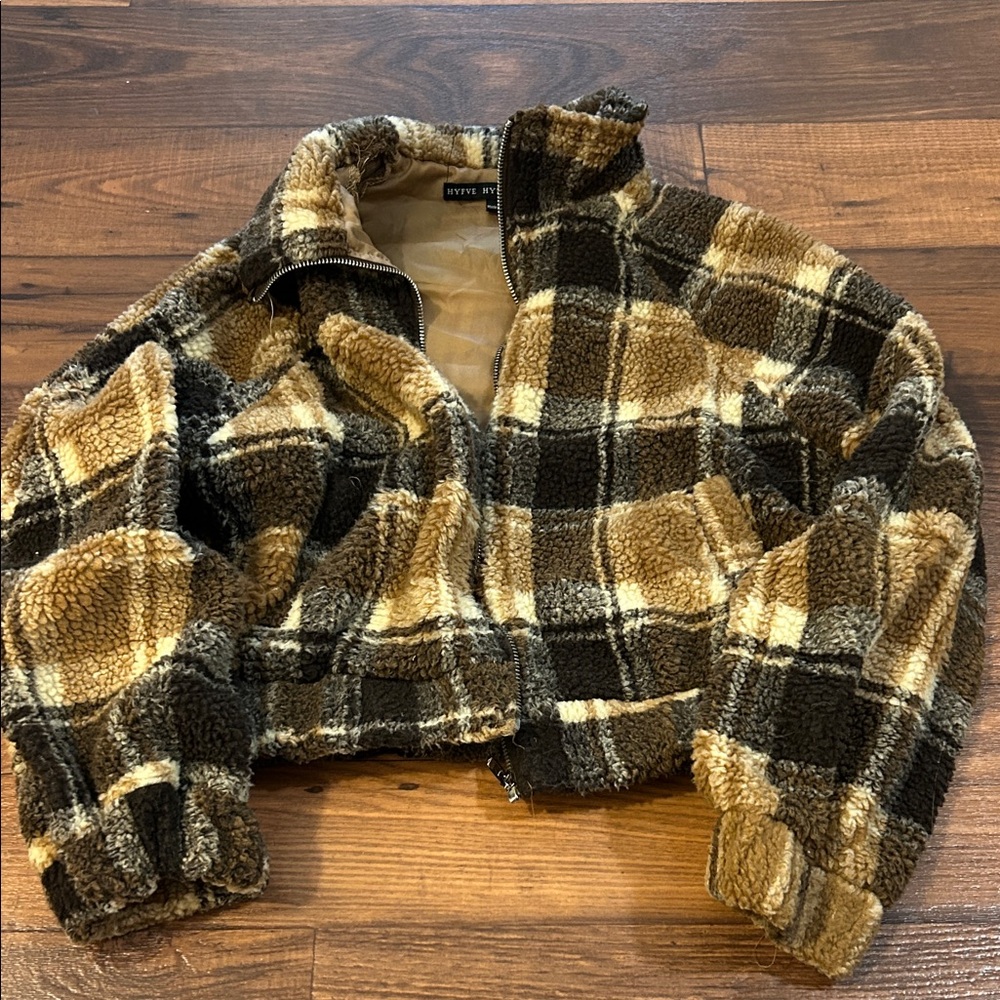 SHEIN Checkered Teddy Jacket - Tan and Black